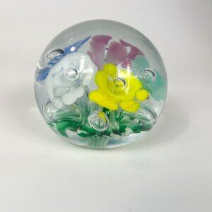 Art Glass Gibson Multicolor Pastel Flowers Paperweight 1999
